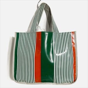 MIMCo Green White Orange Striped Vinyl Mini Tote Bag Top Handles Gray Interior